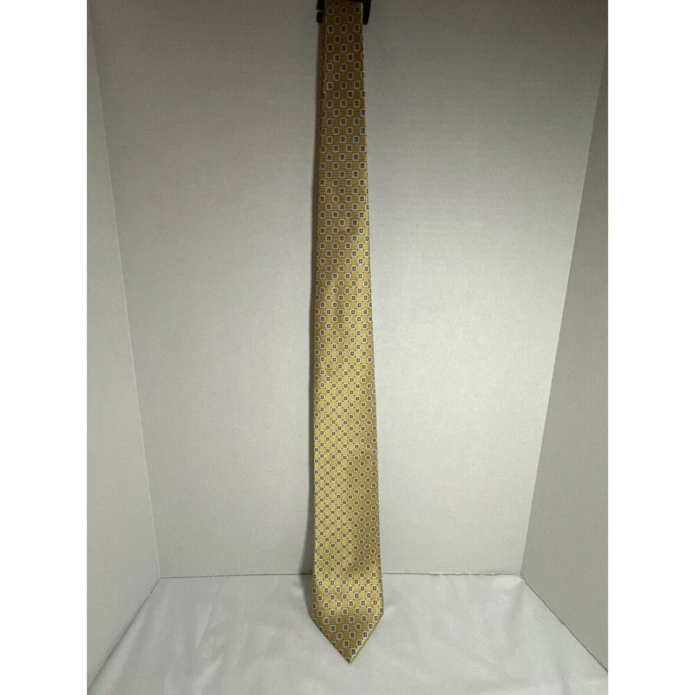 Jos. A. Bank Men's Tie 100% Silk Made In‎ Italy Gold With Blue Squares